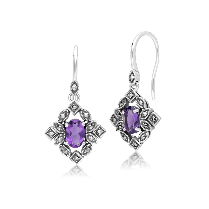 Ovale Tropfenohrringe aus Amethyst und Markasit im Art-Deco-Stil aus Sterlingsilber