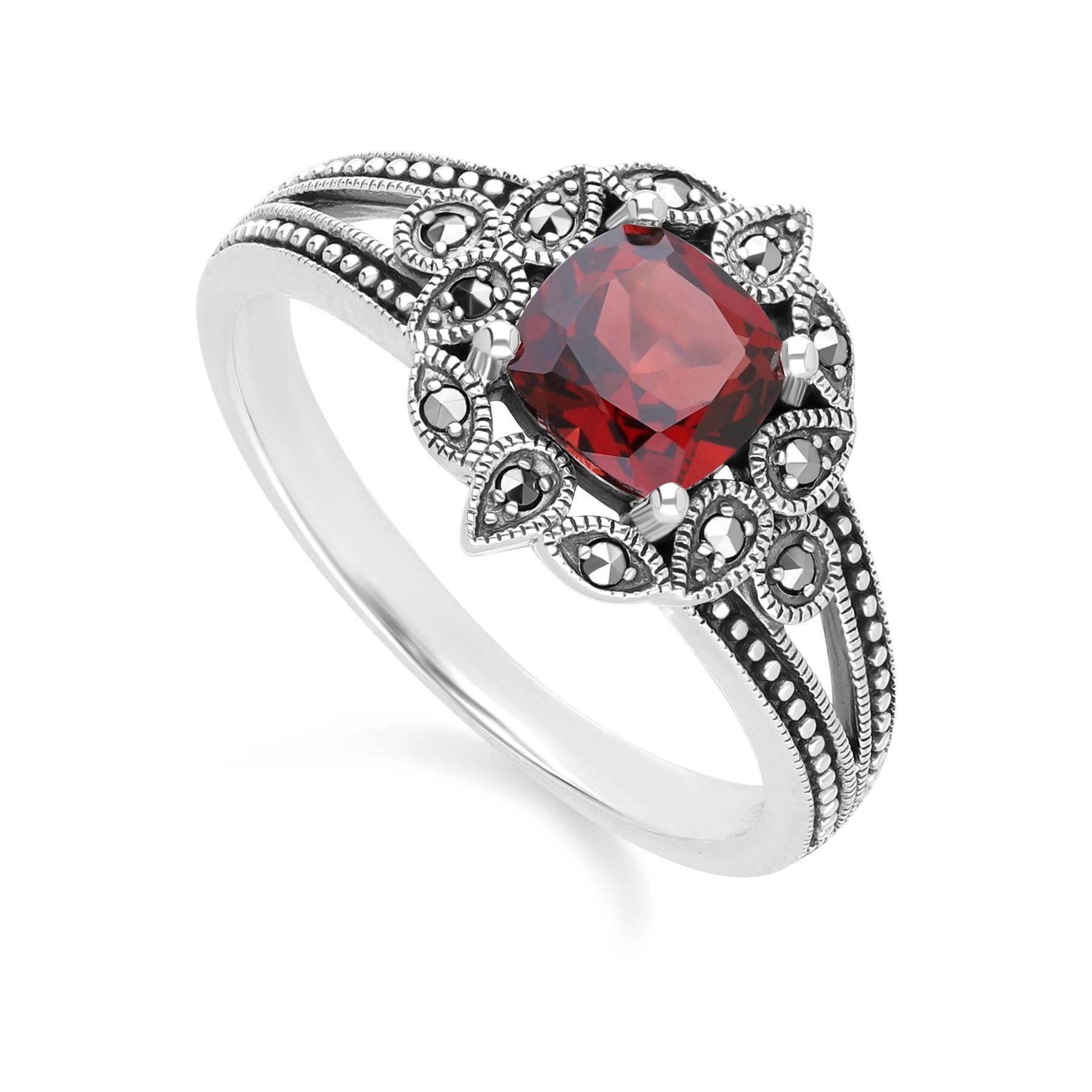 Art Deco Style Cushion Garnet & Marcasite Ring in Sterling Silver