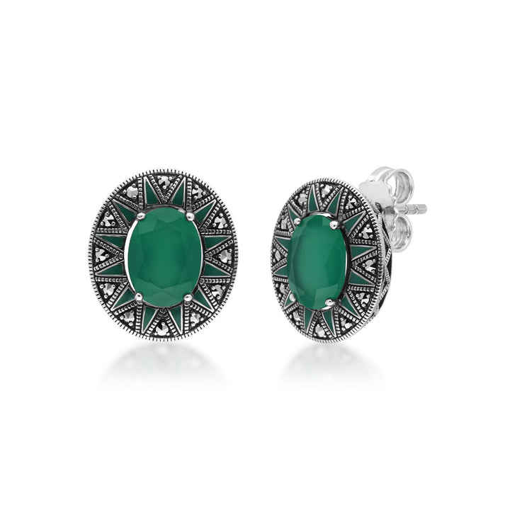 Ovale Ohrstecker aus Chalcedon und Markasit im Art-Deco-Stil