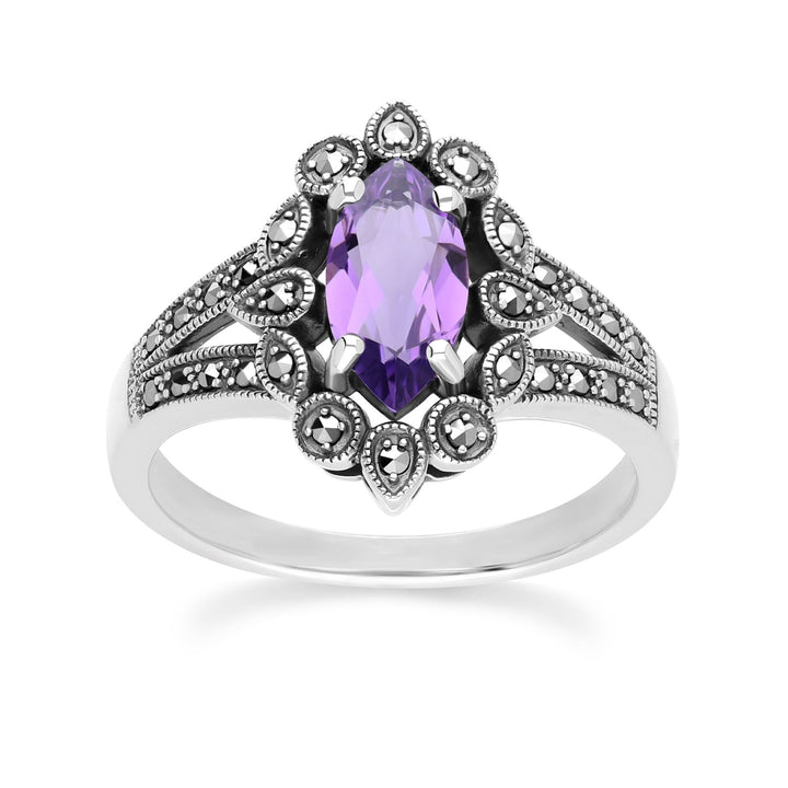 Art Deco Ring im Marquise-Stil mit Amethyst und Markasit aus Sterlingsilber