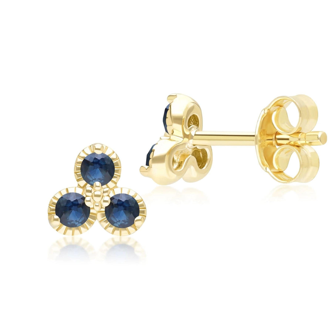 Florale Ohrstecker mit drei Saphir-Steinen, Gelbgold 9 Karat
