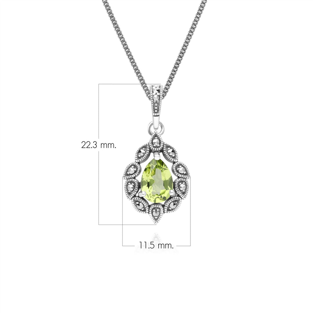 Halskette mit birnenförmigem Peridot- und Markasit-Anhänger im Art-Deco-Stil aus Sterlingsilber