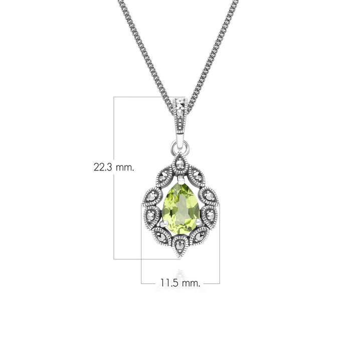 Halskette mit birnenförmigem Peridot- und Markasit-Anhänger im Art-Deco-Stil aus Sterlingsilber