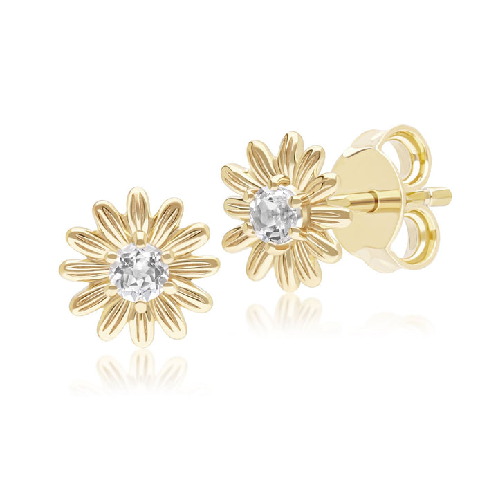 Gardenia Daisy White Sapphire Floral Halo Flower Stud Earrings in Solid 9ct Yellow Gold