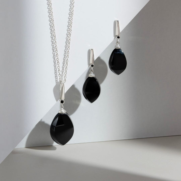 Birnen-Ohrringe aus schwarzem Onyx und schwarzem Spinell im Art-Deco-Stil aus 925er Sterlingsilber