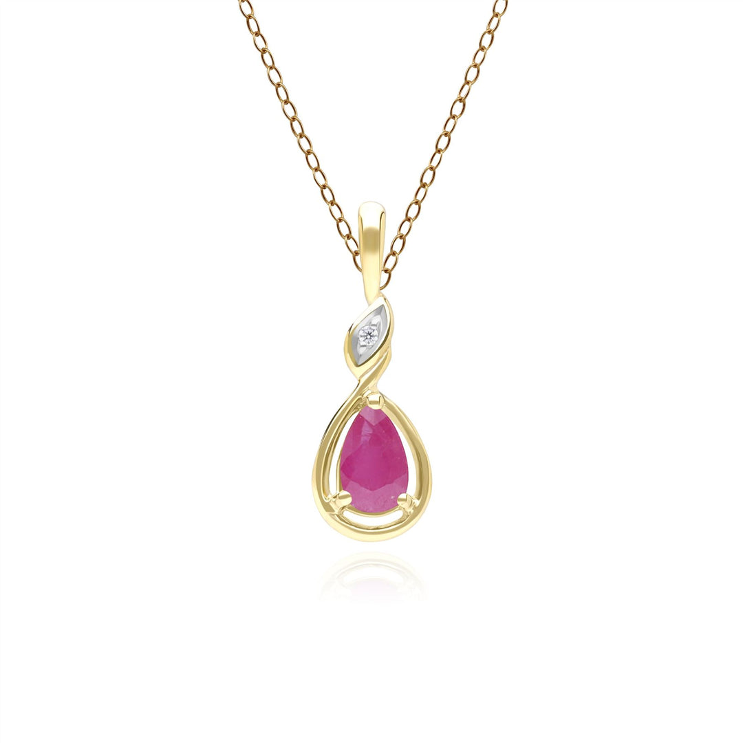 Klassische Halskette mit birnenförmigem Rubin- und Diamantanhänger aus 9 Karat Gelbgold