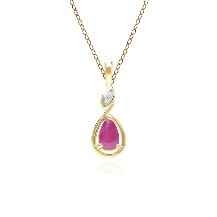 Klassische Halskette mit birnenförmigem Rubin- und Diamantanhänger aus 9 Karat Gelbgold