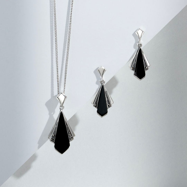 Fächeranhänger im Art-Deco-Stil aus schwarzem Onyx und Markasit in 925er Sterlingsilber