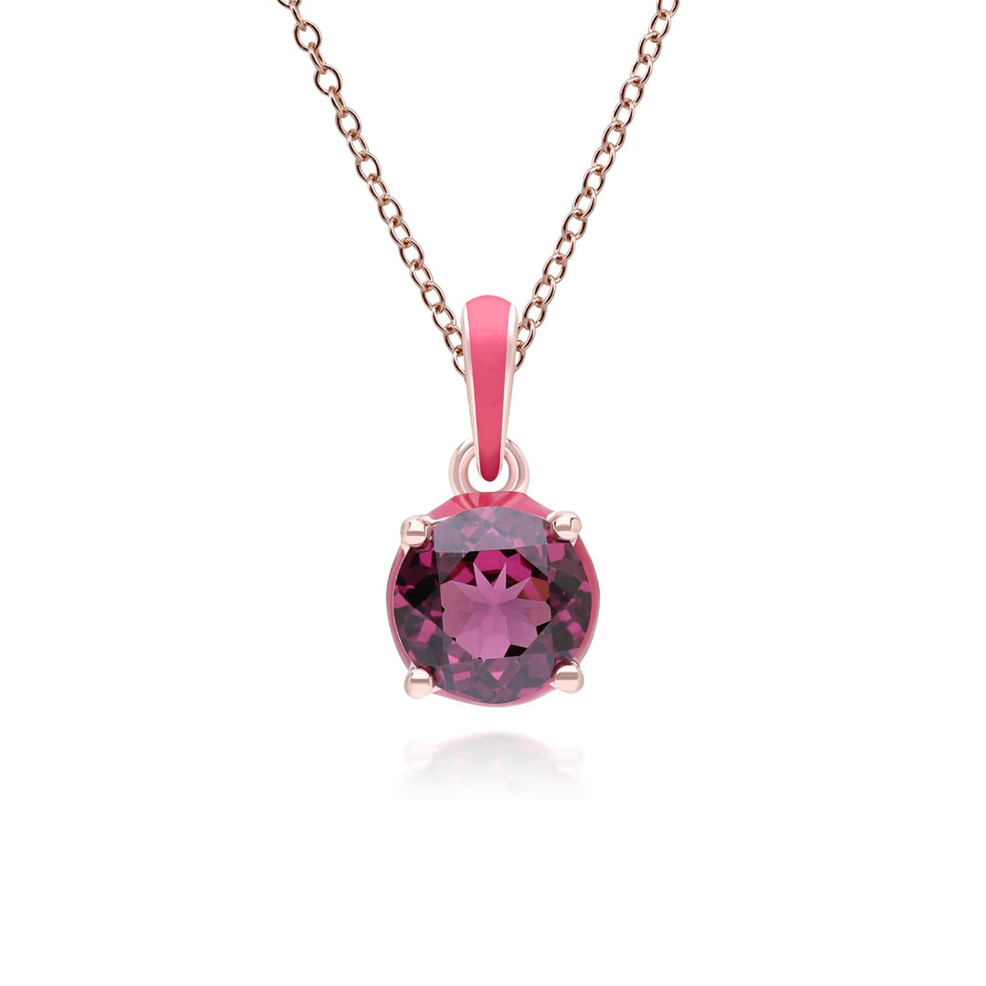Siberian Waltz Halskette mit rosa Emaille- und rundem Rhodolith-Anhänger aus Roségold-Vermeil