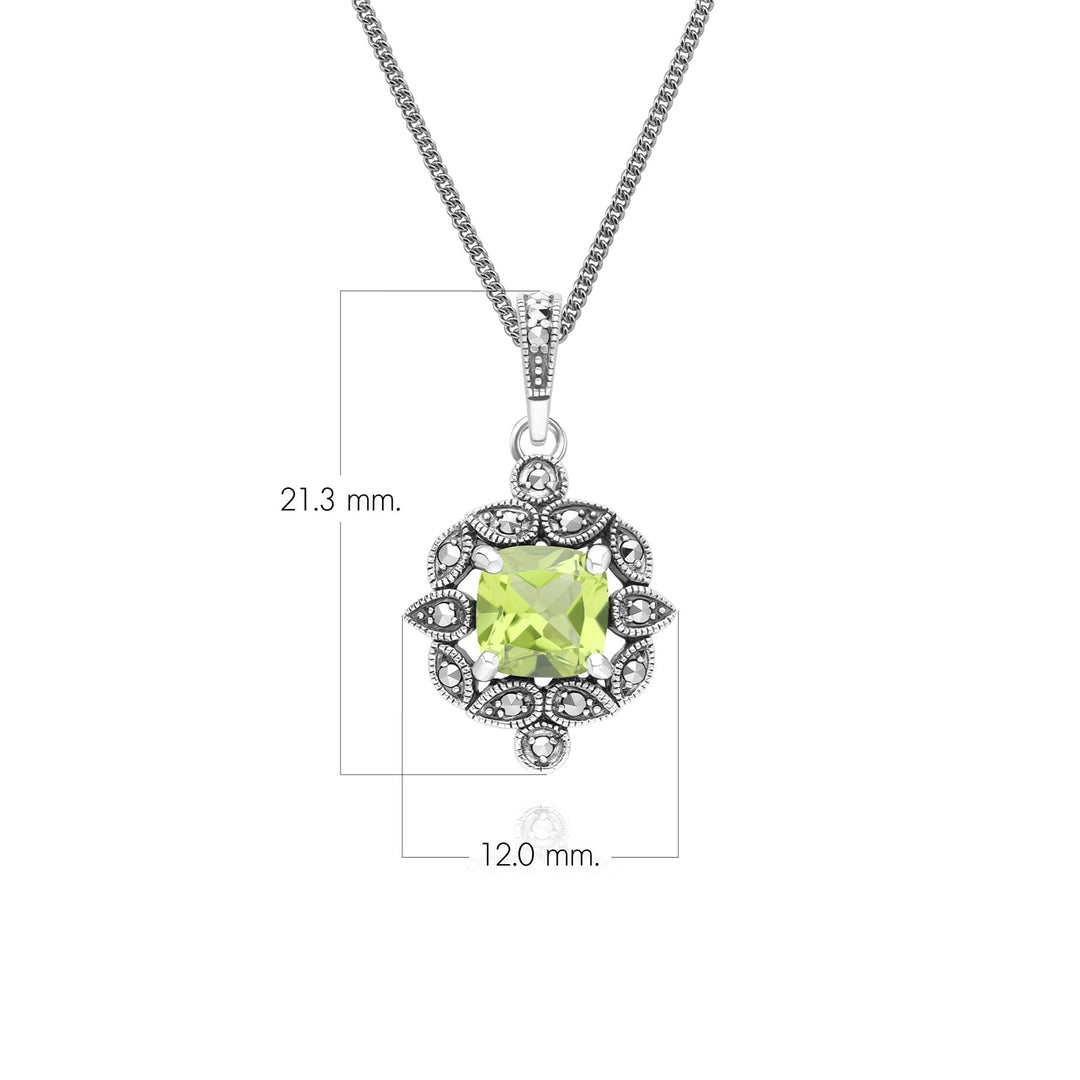 Halskette mit Kissenanhänger im Art-Deco-Stil mit Peridot und Markasit aus Sterlingsilber