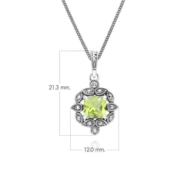 Halskette mit Kissenanhänger im Art-Deco-Stil mit Peridot und Markasit aus Sterlingsilber