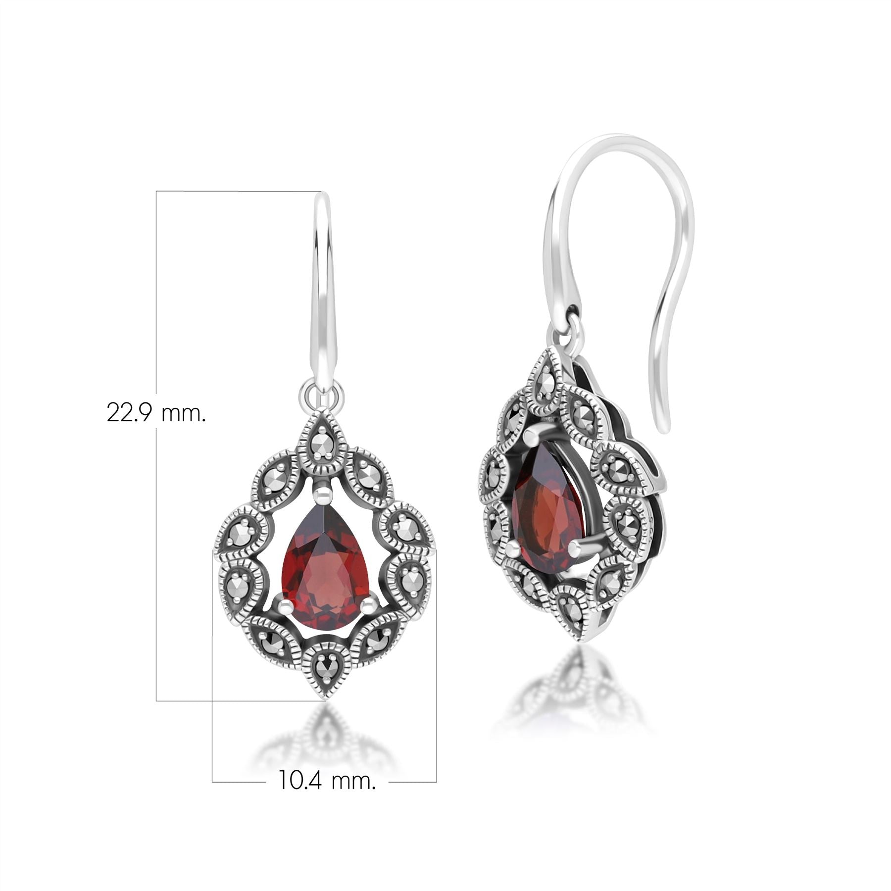 Art Deco Style Pear Garnet & Marcasite Drop Earrings in Sterling Silver