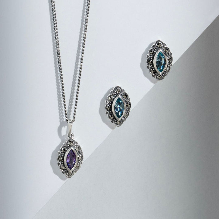 Marquise-Amethyst &amp; Markasit-Anhänger im Art-Deco-Stil aus 925er Sterlingsilber