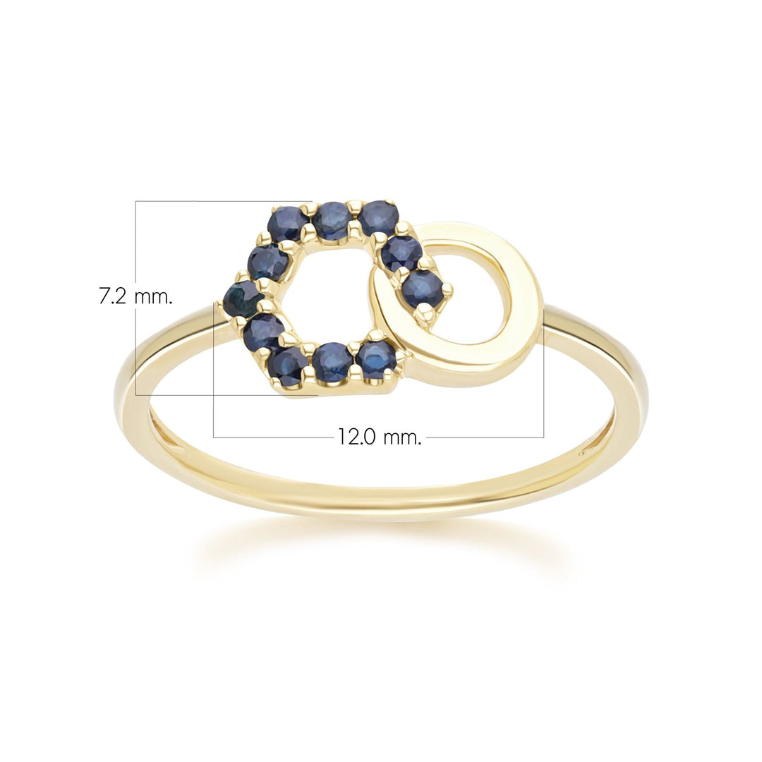 Geometric Hexagon and Round Linked with Prong Set Sapphire Ring in 9ct Yellow Gold