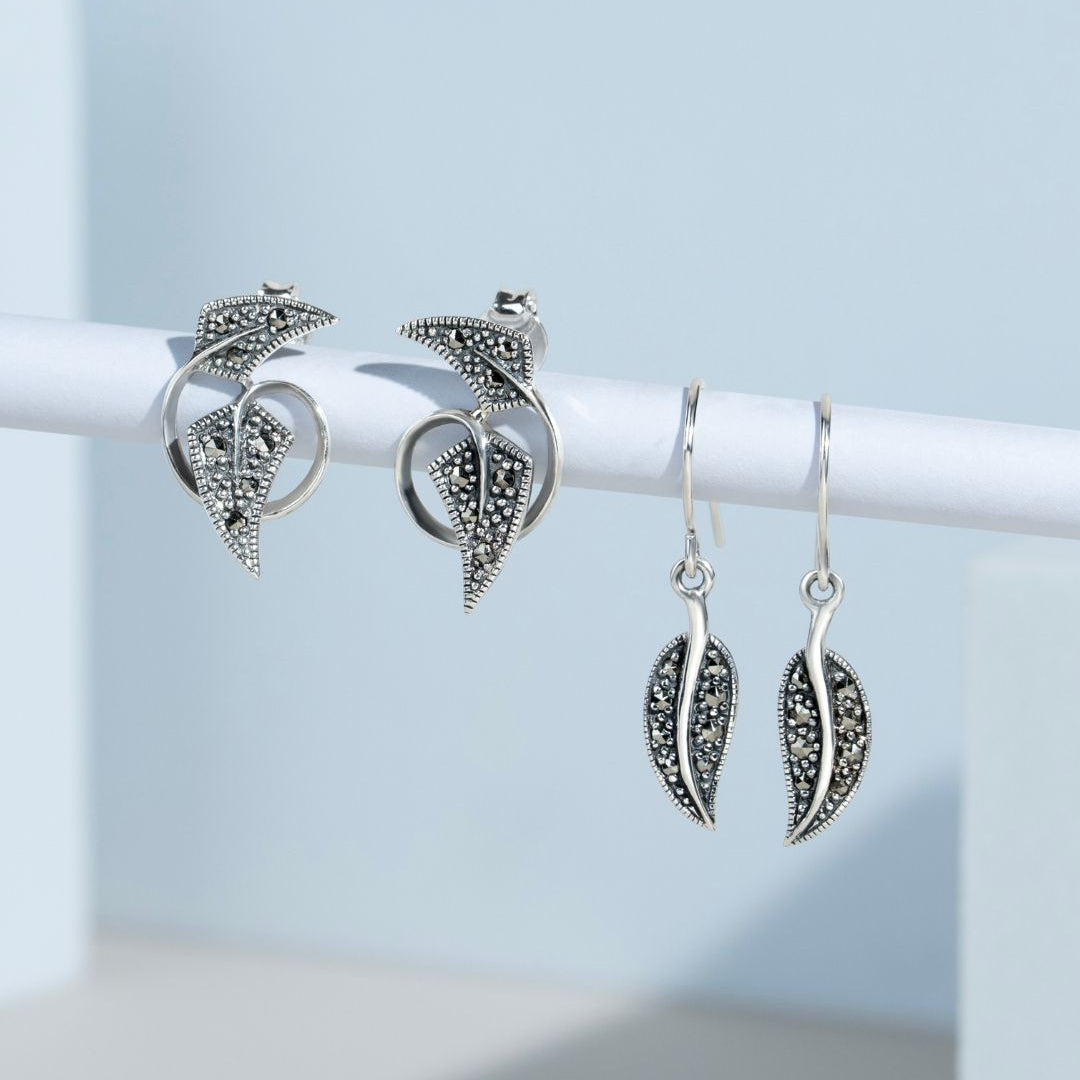 Runde Markasit-Blatt-Tropfenohrringe im Jugendstil aus 925er Sterlingsilber