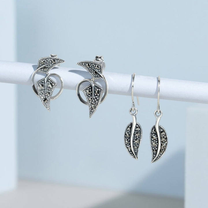 Runde Markasit-Blatt-Tropfenohrringe im Jugendstil aus 925er Sterlingsilber