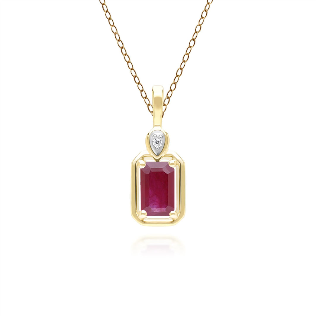 Klassische Halskette mit Rubin-Baguette- und Diamant-Anhänger aus 9 Karat Gelbgold