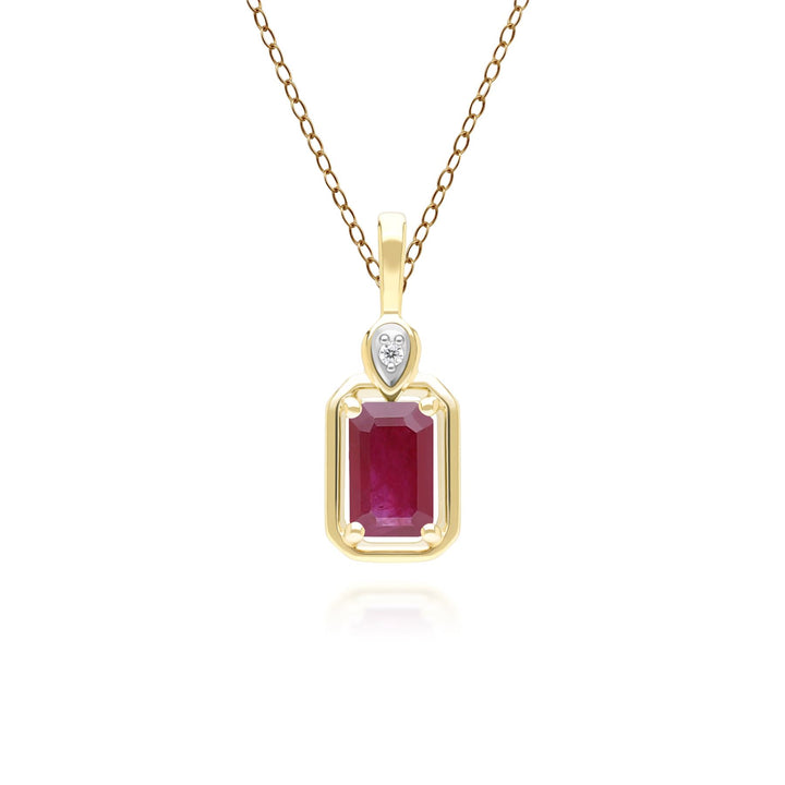 Klassische Halskette mit Rubin-Baguette- und Diamant-Anhänger aus 9 Karat Gelbgold