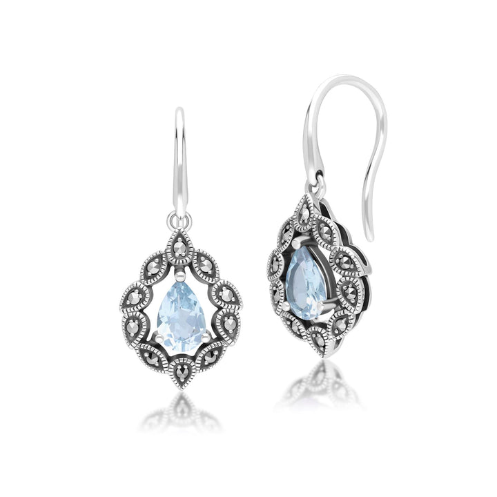 Tropfenohrringe im Art-Deco-Stil mit blauem Topas und Markasit, Sterlingsilber