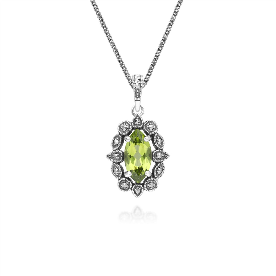 Halskette mit Anhänger im Art-Deco-Stil mit Marquise-Peridot und Markasit aus Sterlingsilber
