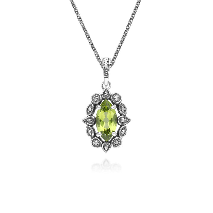 Halskette mit Anhänger im Art-Deco-Stil mit Marquise-Peridot und Markasit aus Sterlingsilber
