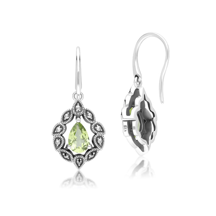 Tropfenohrringe im Art-Deco-Stil mit Peridot und Markasit, Sterlingsilber