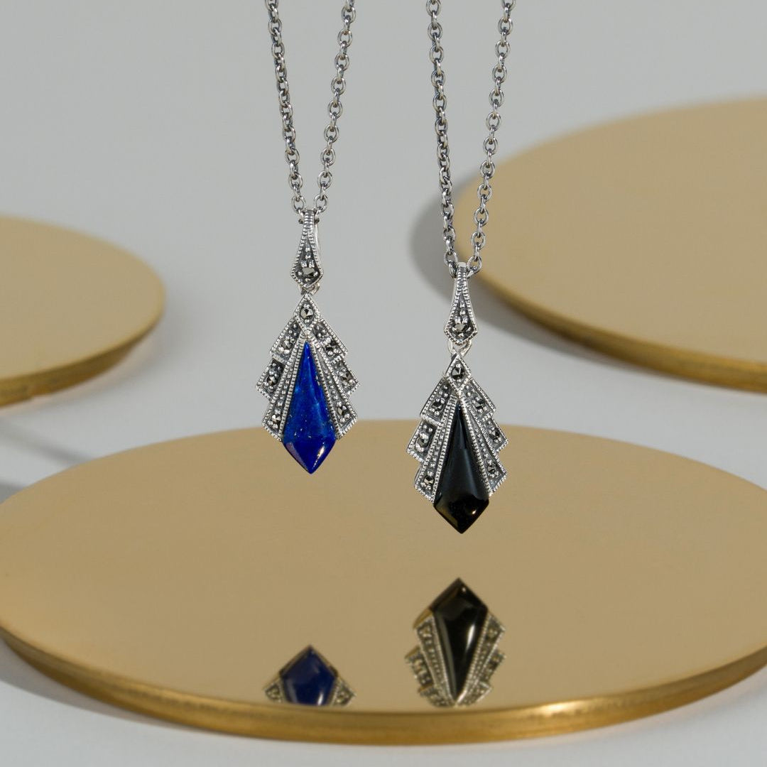 Schwarzer Onyx &amp; Markasit-Anhänger im Art-Deco-Stil aus 925er Sterlingsilber