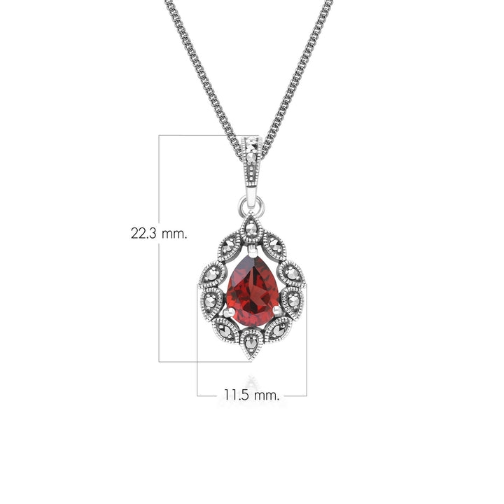 Halskette mit Anhänger im Art-Deco-Stil mit Granat- und Markasit-Anhänger aus Sterlingsilber