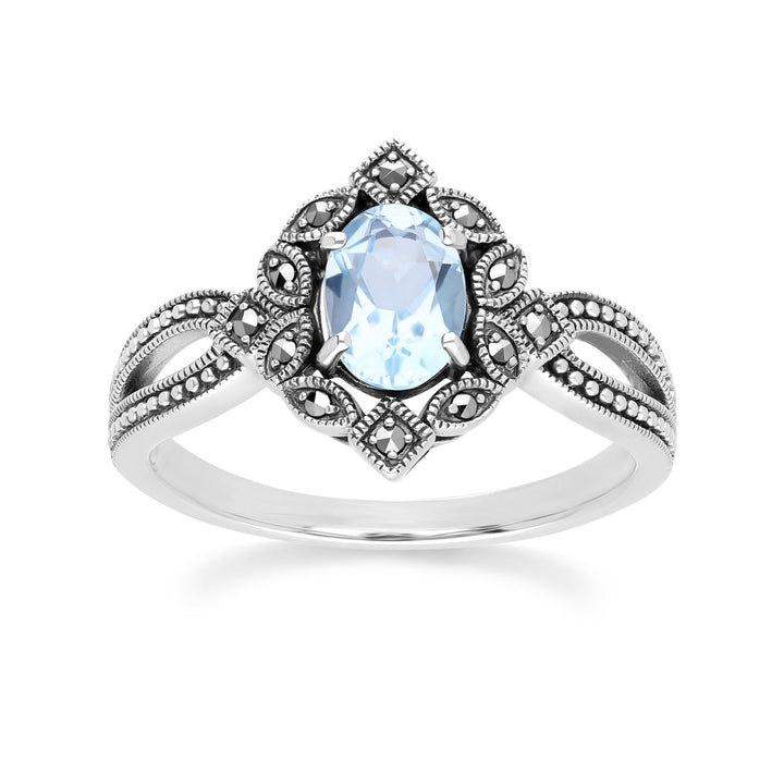 Ovaler Ring mit blauem Topas und Markasit im Art-Deco-Stil aus Sterlingsilber