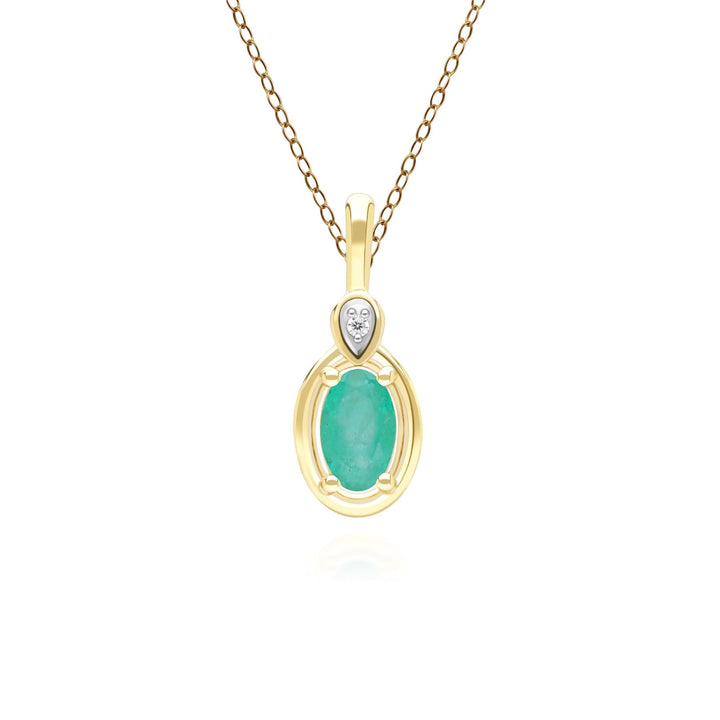 Klassische Halskette mit ovalem Smaragd- und rundem Diamantanhänger aus 9 Karat Gelbgold
