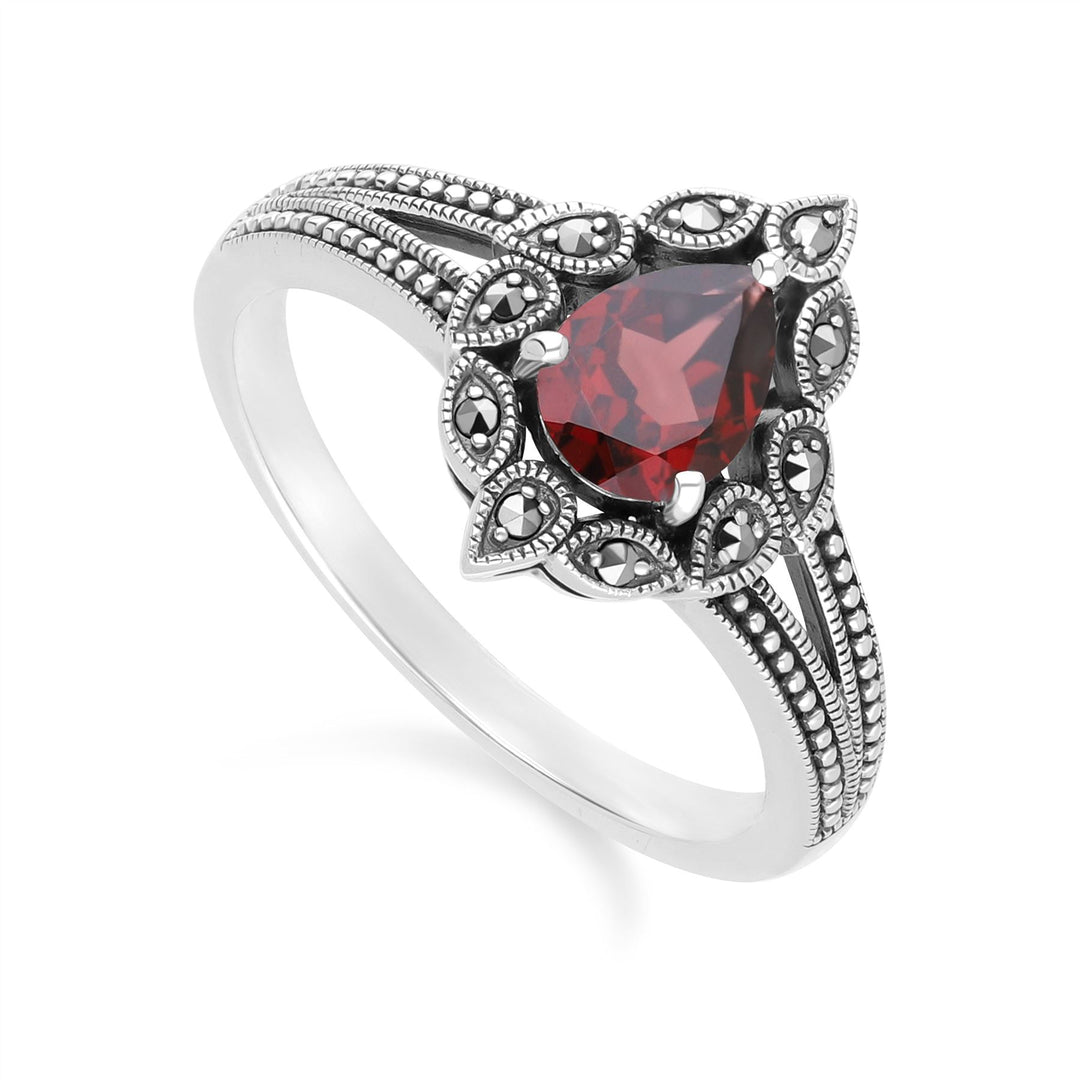 Birnenförmiger Granat- und Markasitring im Art-Deco-Stil aus Sterlingsilber