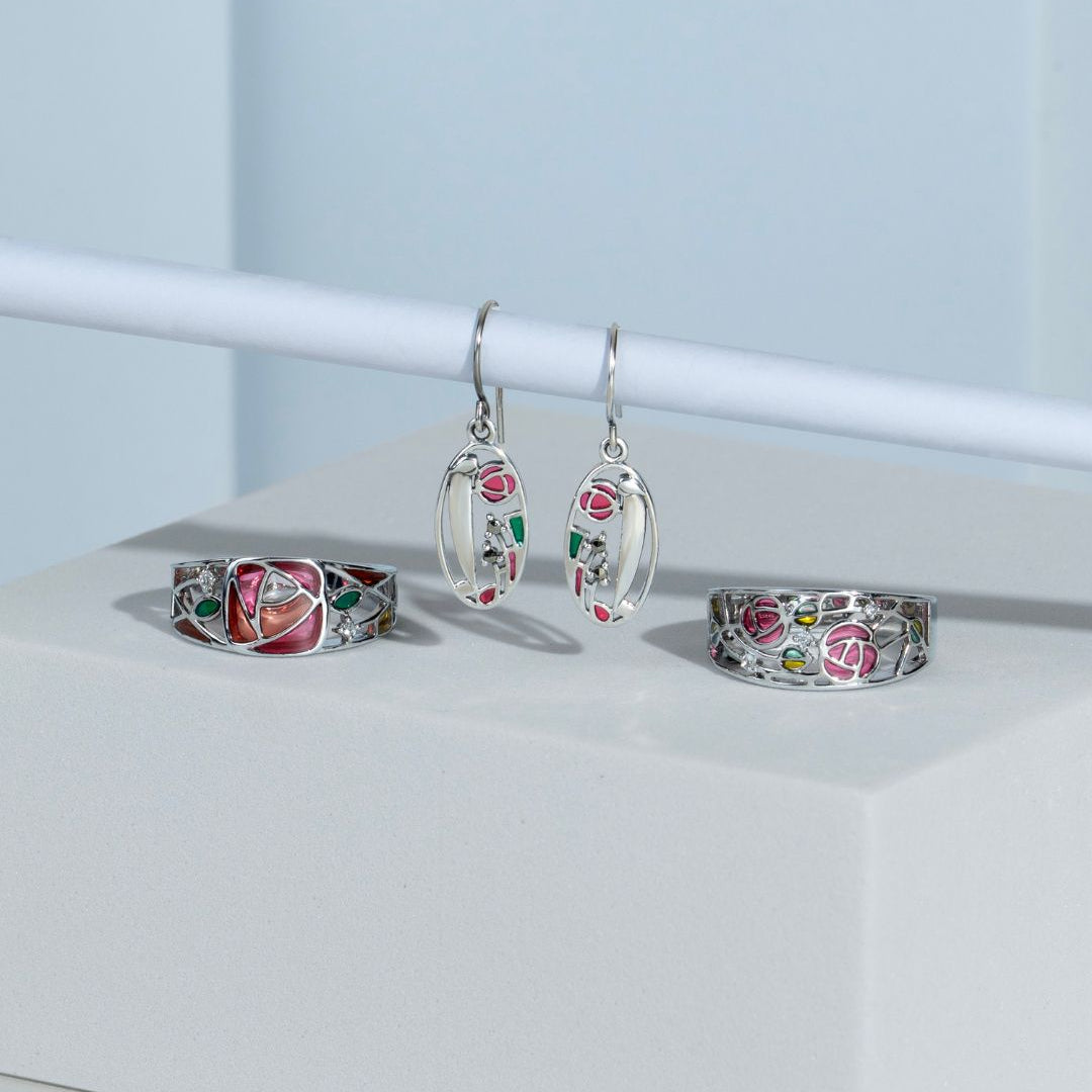 Rennie Mackintosh Runder Weißer Topas &amp; emaillierter Glasgow Rose Bandring in 925 Sterling Silber