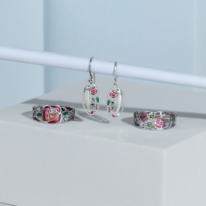 Rennie Mackintosh Runder Weißer Topas &amp; emaillierter Glasgow Rose Bandring in 925 Sterling Silber