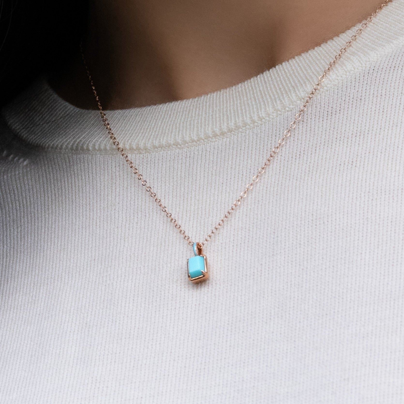 Siberian Waltz Blue Enamel & Octagon Turquoise Pendant Necklace In Rose Gold Vermeil
