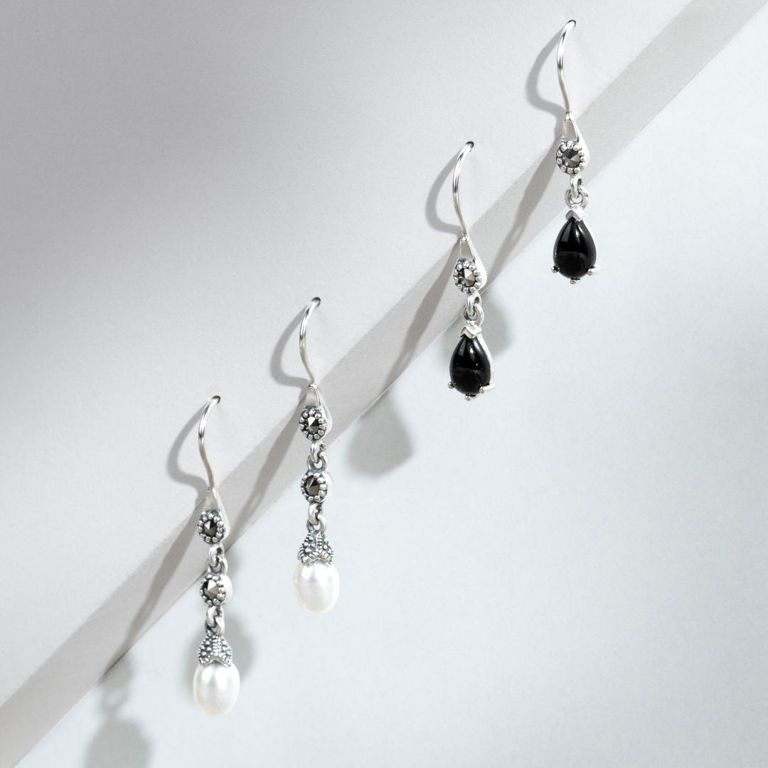 Birnen-Ohrringe aus schwarzem Onyx und Markasit im Jugendstil aus 925er Sterlingsilber