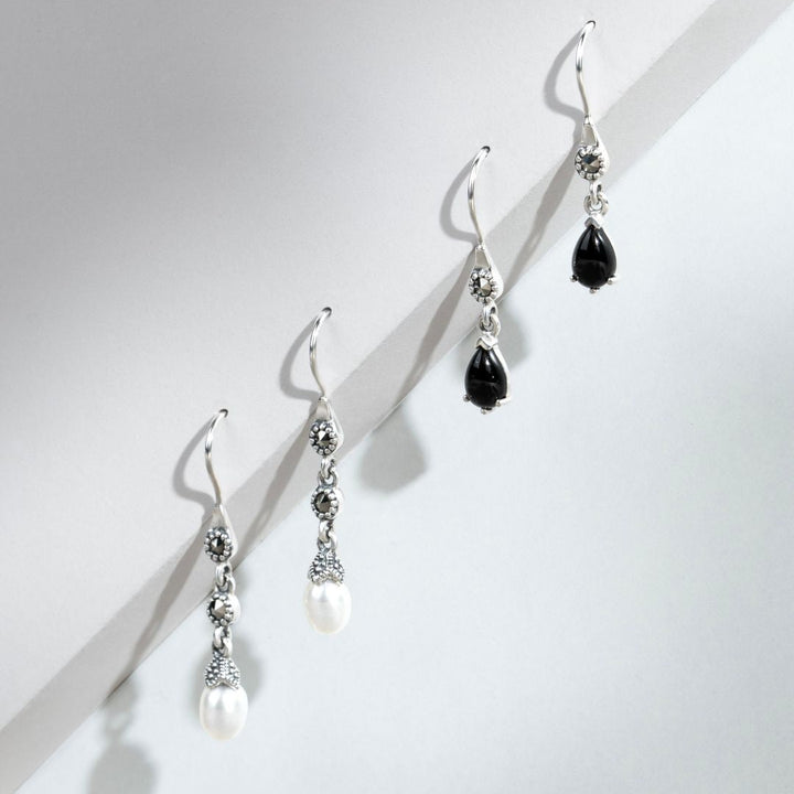 Birnen-Ohrringe aus schwarzem Onyx und Markasit im Jugendstil aus 925er Sterlingsilber