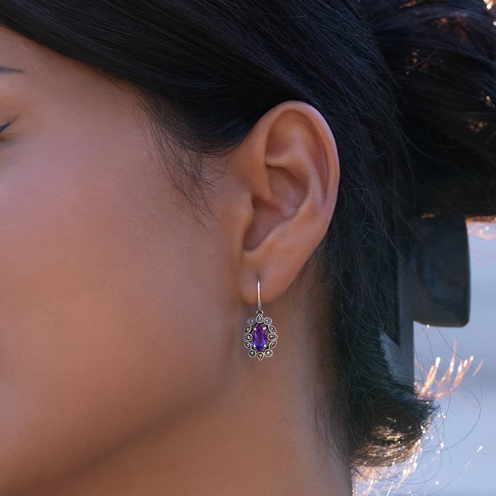 Marquise-Ohrringe aus Amethyst und Markasit im Art-Deco-Stil aus Sterlingsilber