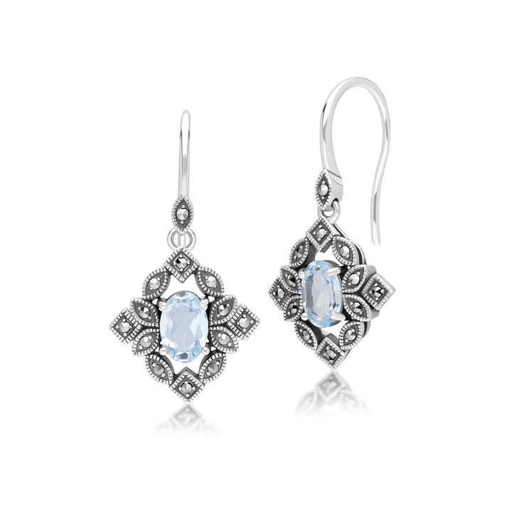 Ovale Tropfenohrringe im Art-Deco-Stil mit blauem Topas und Markasit aus Sterlingsilber