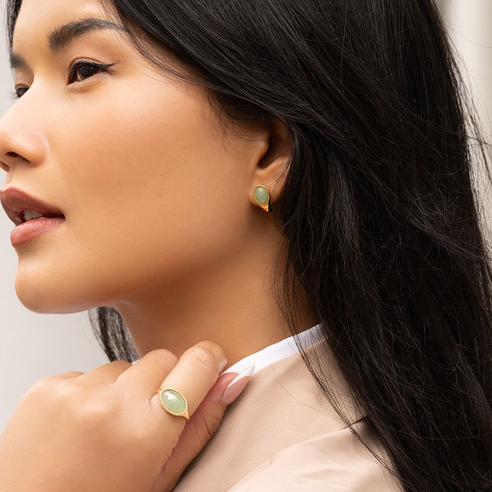 Classic Oval Green Jadeite Drop Stud Earrings in 9ct Yellow Gold