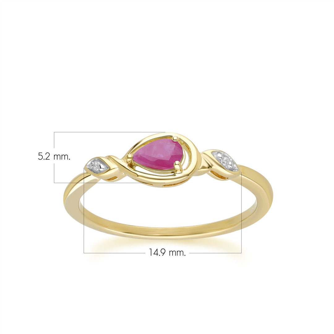 Klassischer Birnenring mit Rubin und Diamant in 9 Karat Gelbgold