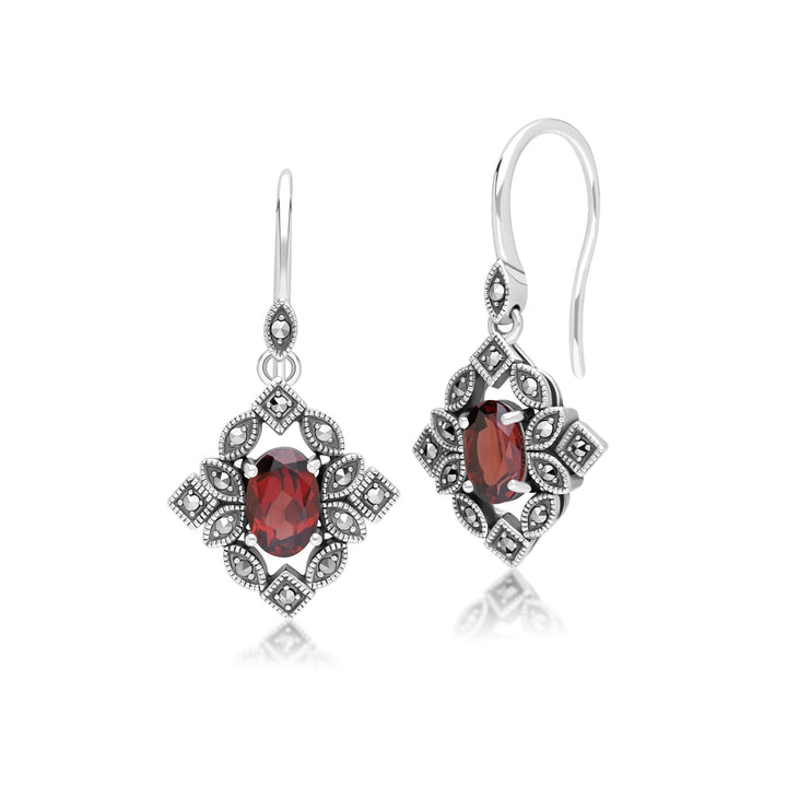 Ovale Granat- und Markasit-Tropfenohrringe im Art-Deco-Stil aus Sterlingsilber
