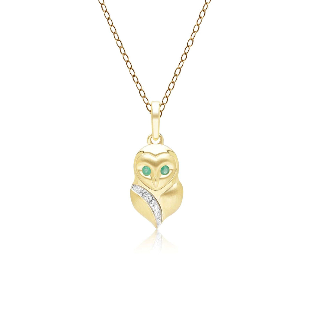 135P2128029 Gardenia Emerald and White Sapphire Owl Pendant Necklace in 9ct Yellow Gold Front