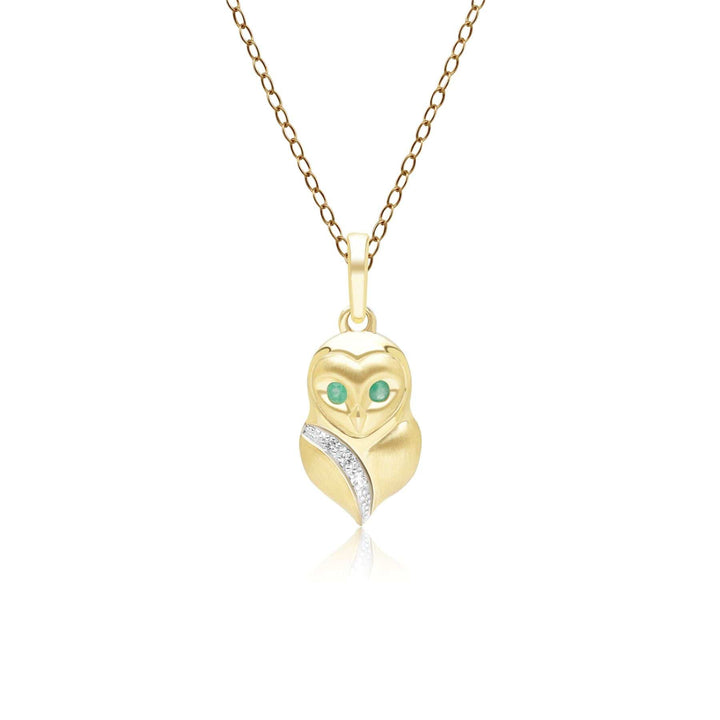 135P2128029 Gardenia Emerald and White Sapphire Owl Pendant Necklace in 9ct Yellow Gold Front