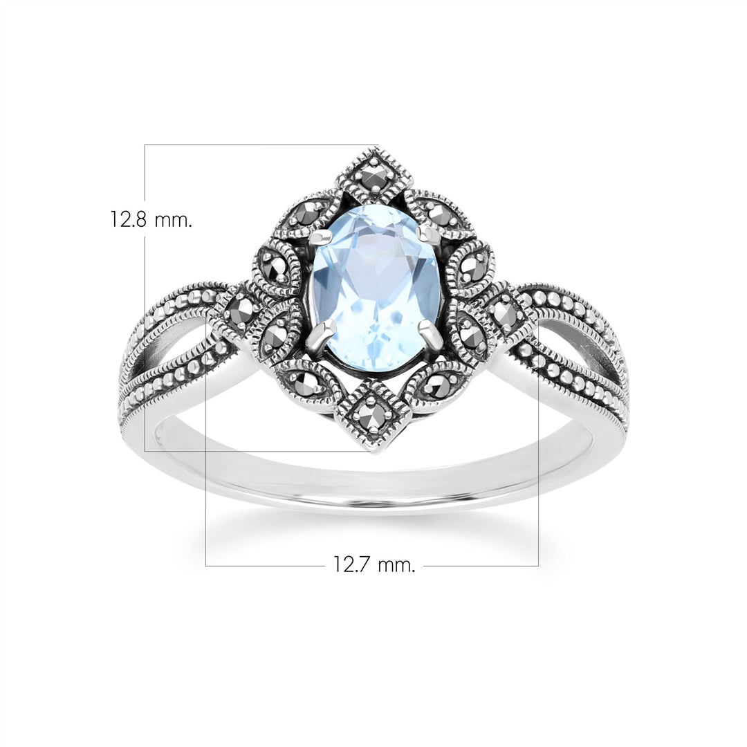 Ovaler Ring mit blauem Topas und Markasit im Art-Deco-Stil aus Sterlingsilber