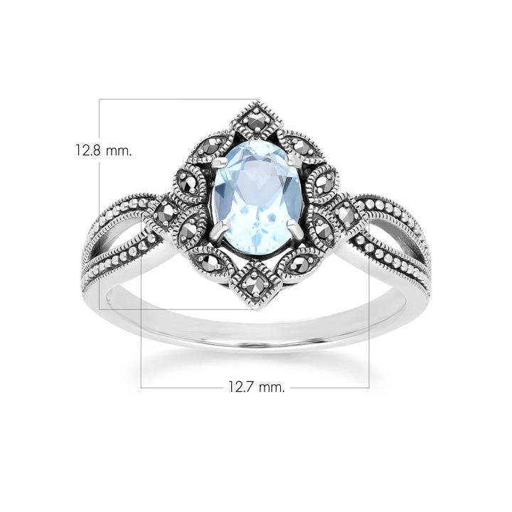 Ovaler Ring mit blauem Topas und Markasit im Art-Deco-Stil aus Sterlingsilber