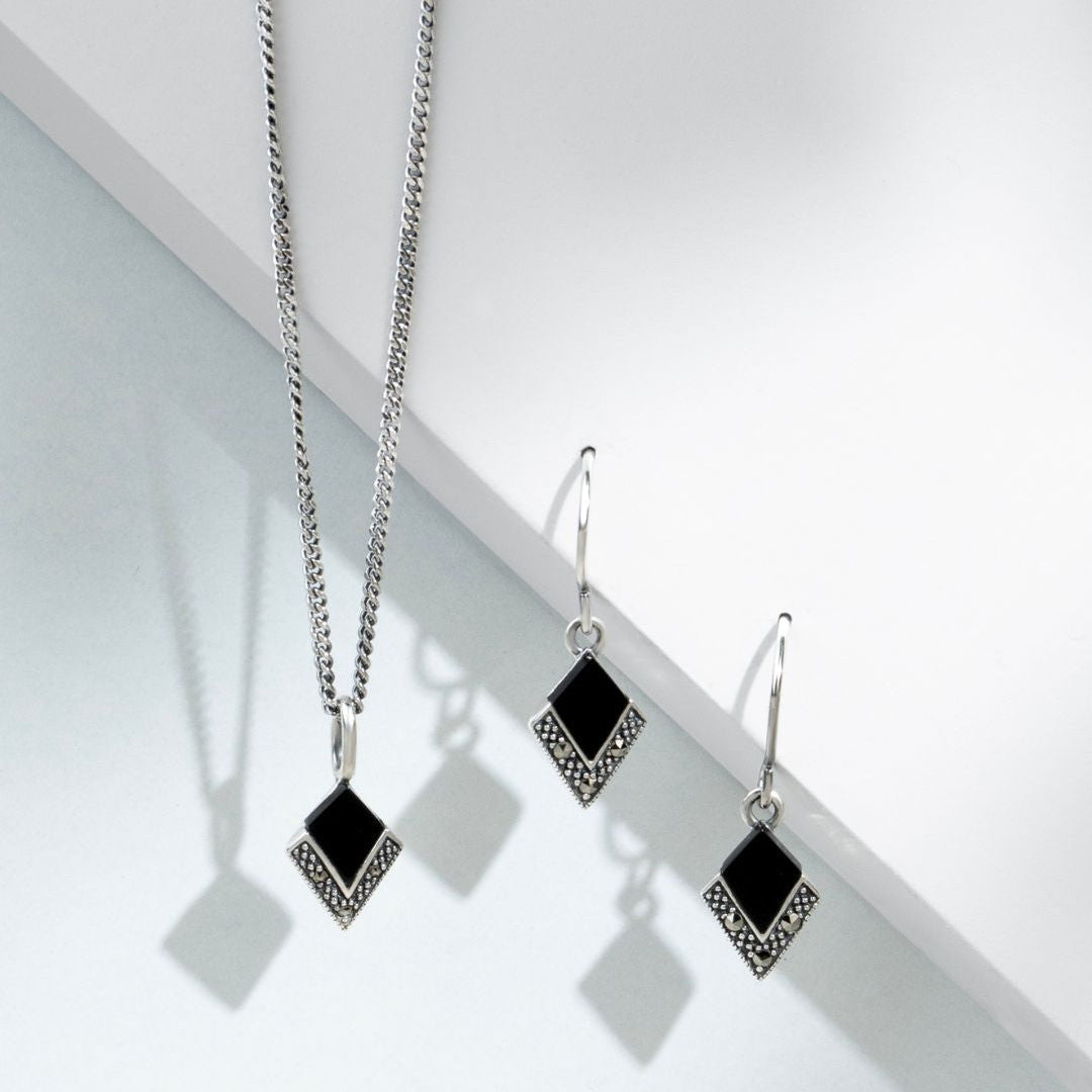 Cabochon-Anhänger aus schwarzem Onyx und Markasit im Art-Deco-Stil aus 925er Sterlingsilber