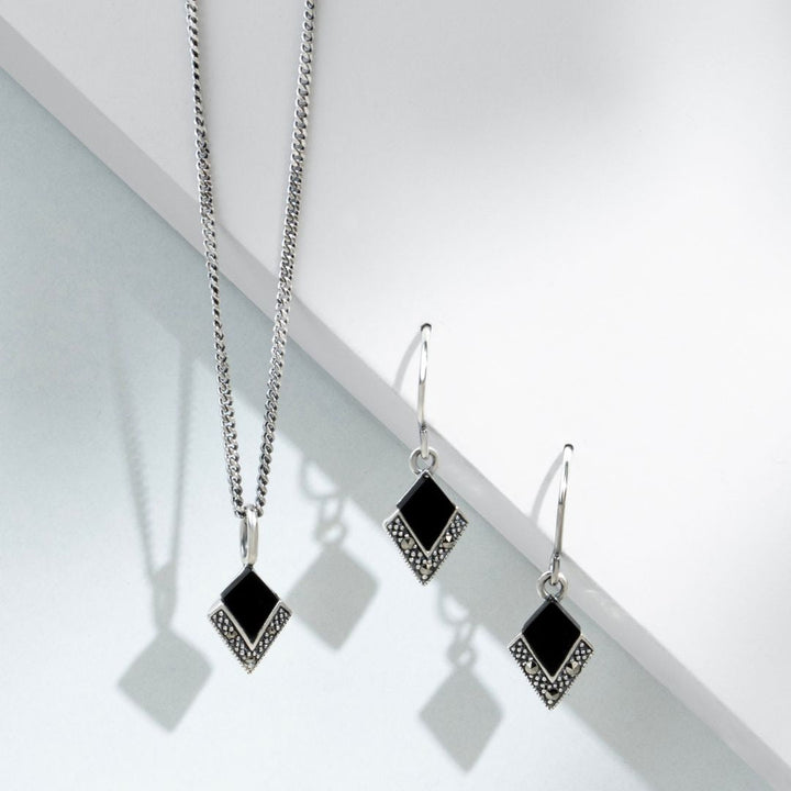 Cabochon-Anhänger aus schwarzem Onyx und Markasit im Art-Deco-Stil aus 925er Sterlingsilber