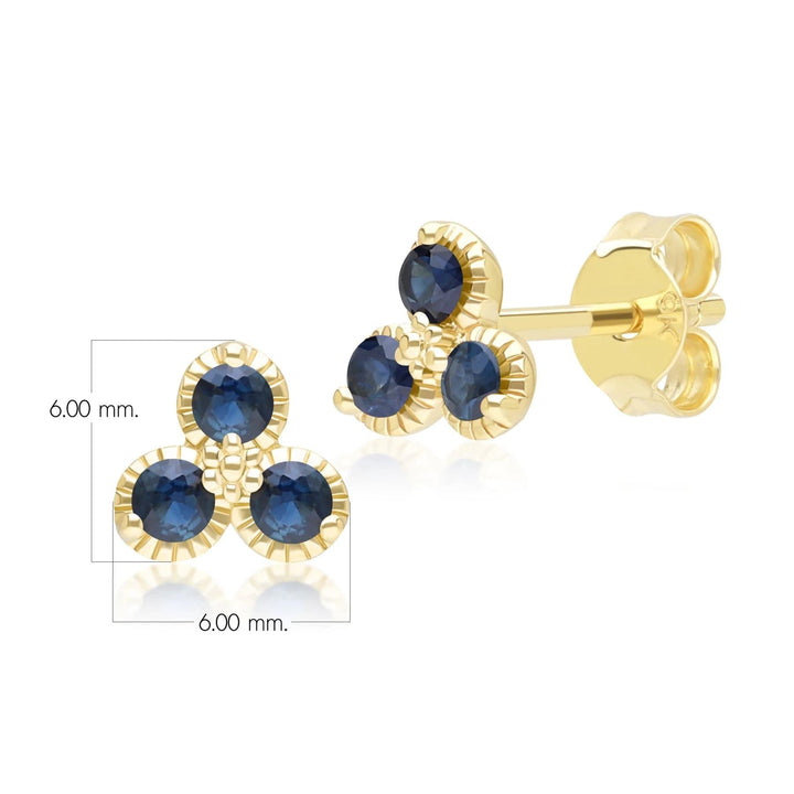 Florale Ohrstecker mit drei Saphir-Steinen, Gelbgold 9 Karat