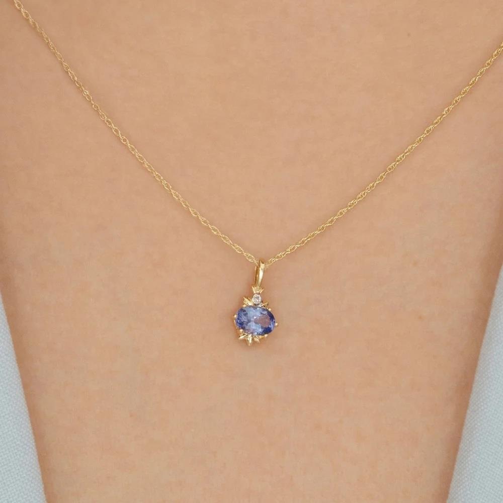 Classic Oval Tanzanite & Diamond Pendant Necklace in 9ct Yellow Gold
