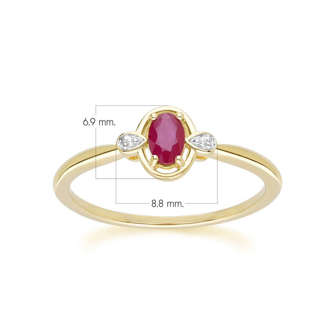 Klassischer ovaler Rubin- und runder Diamantring aus 9 Karat Gelbgold